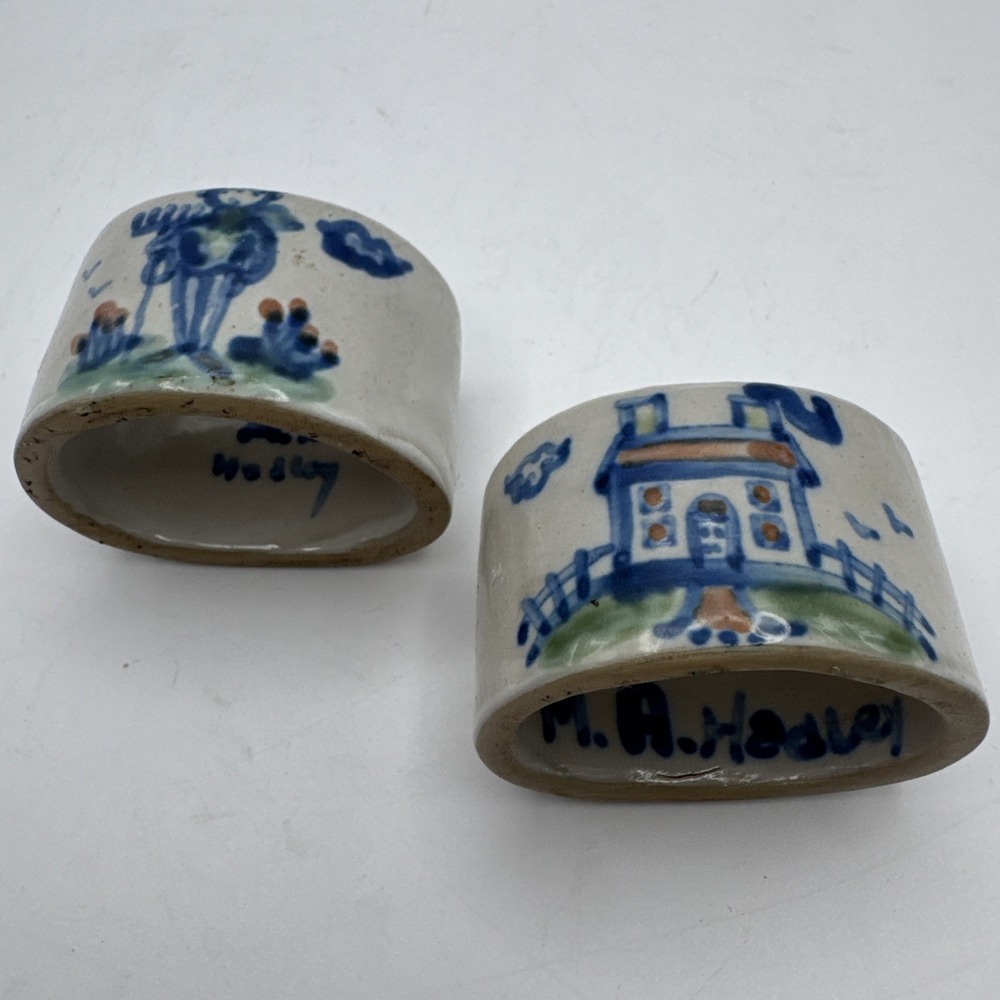 M A Hadley Art Pottery Napkin Rings Set 2 Farmer &‎ Farmhouse House Cottagecore